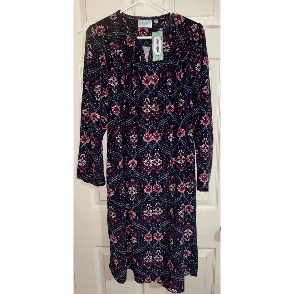 National Women's Soft Floral Robe , Snap Front Navy Blue Med